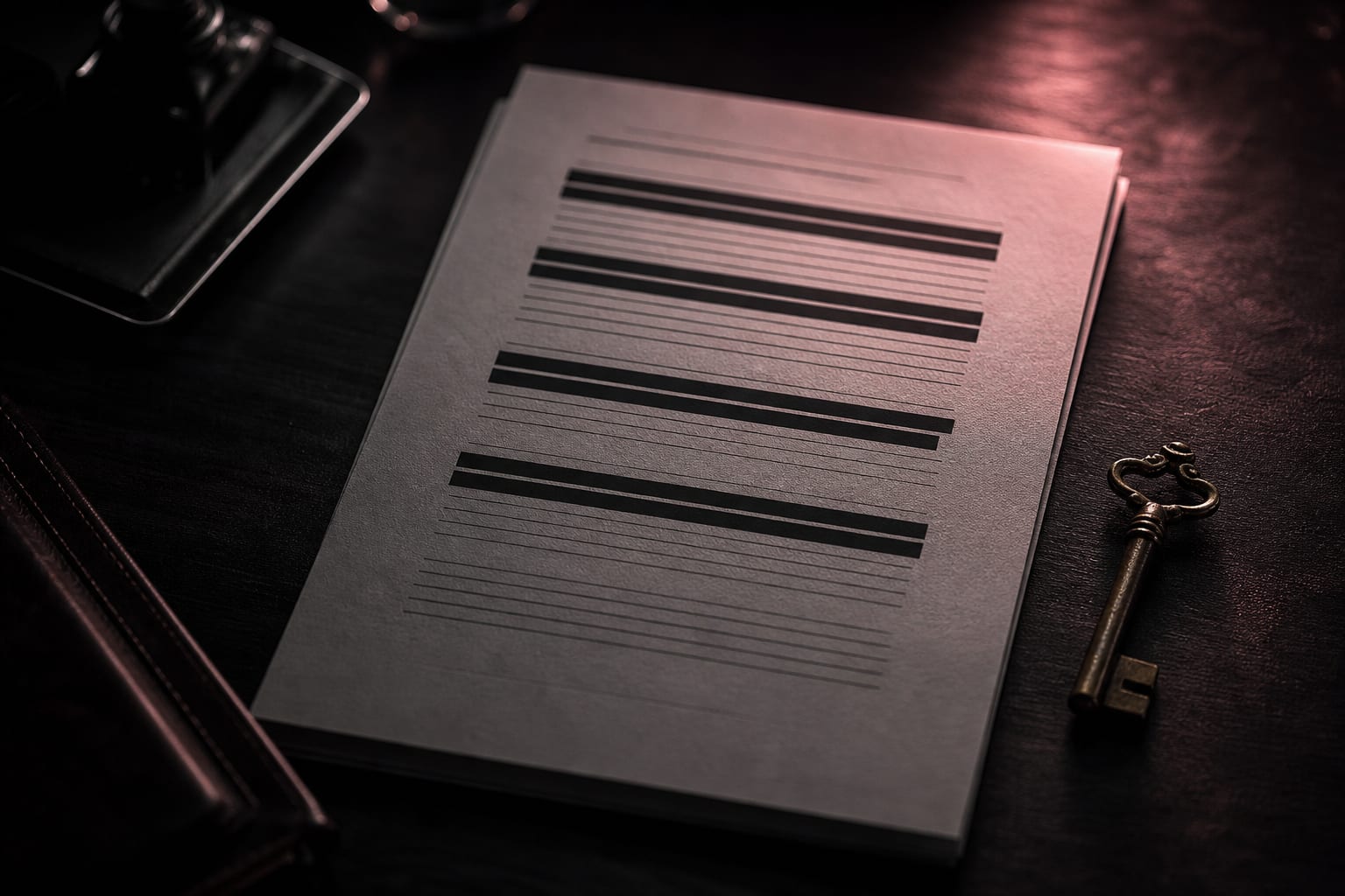 Un documento jurídico con parte del texto tachado y una llave al lado