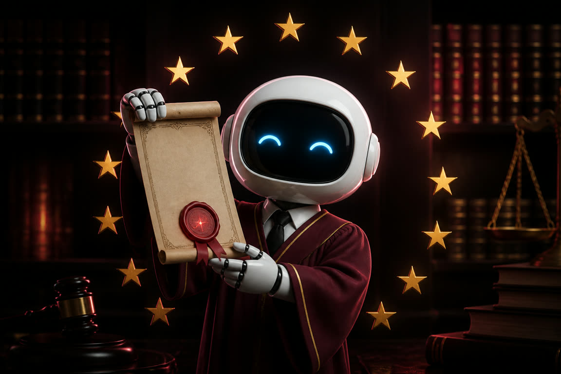 La mascota de Anonimizator sostiene un acta sellada rodeada de estrellas doradas de la Unión Europea