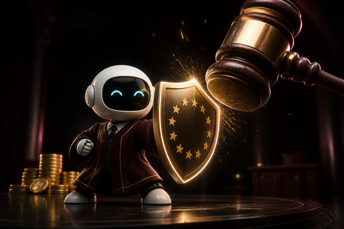 La mascota detiene un mazo de juez con un escudo dorado que protege un montón de monedas