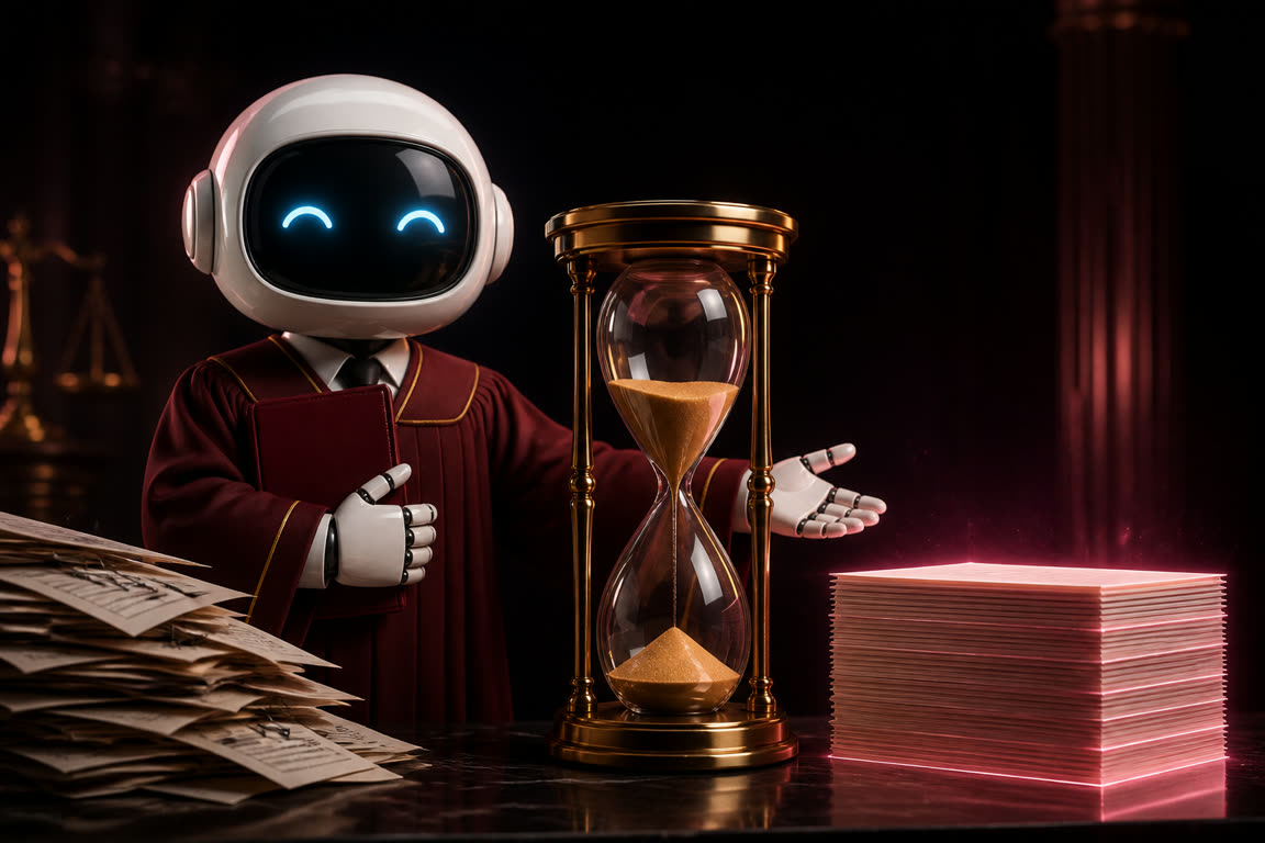 La mascota junto a un reloj de arena dorado convierte una pila desordenada de papeles en una pila limpia