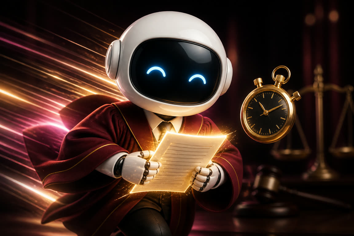 La mascota avanza a toda velocidad con un documento y un cronómetro dorado