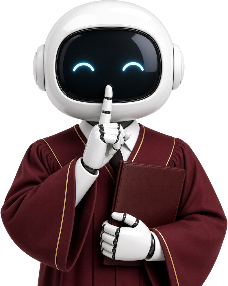La mascota de Anonimizator: un robot con toga de abogado granate haciendo el gesto de silencio